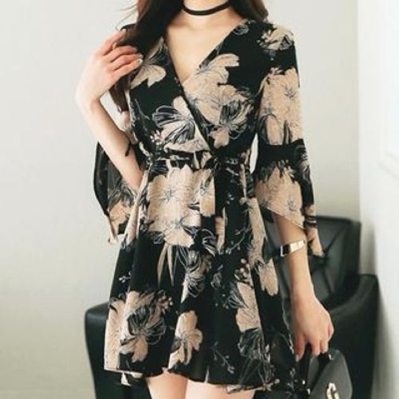 Aurora - 3/4 Sleeve V-Neck Floral Chiffon Wrap Dress - Picture 2 of 6